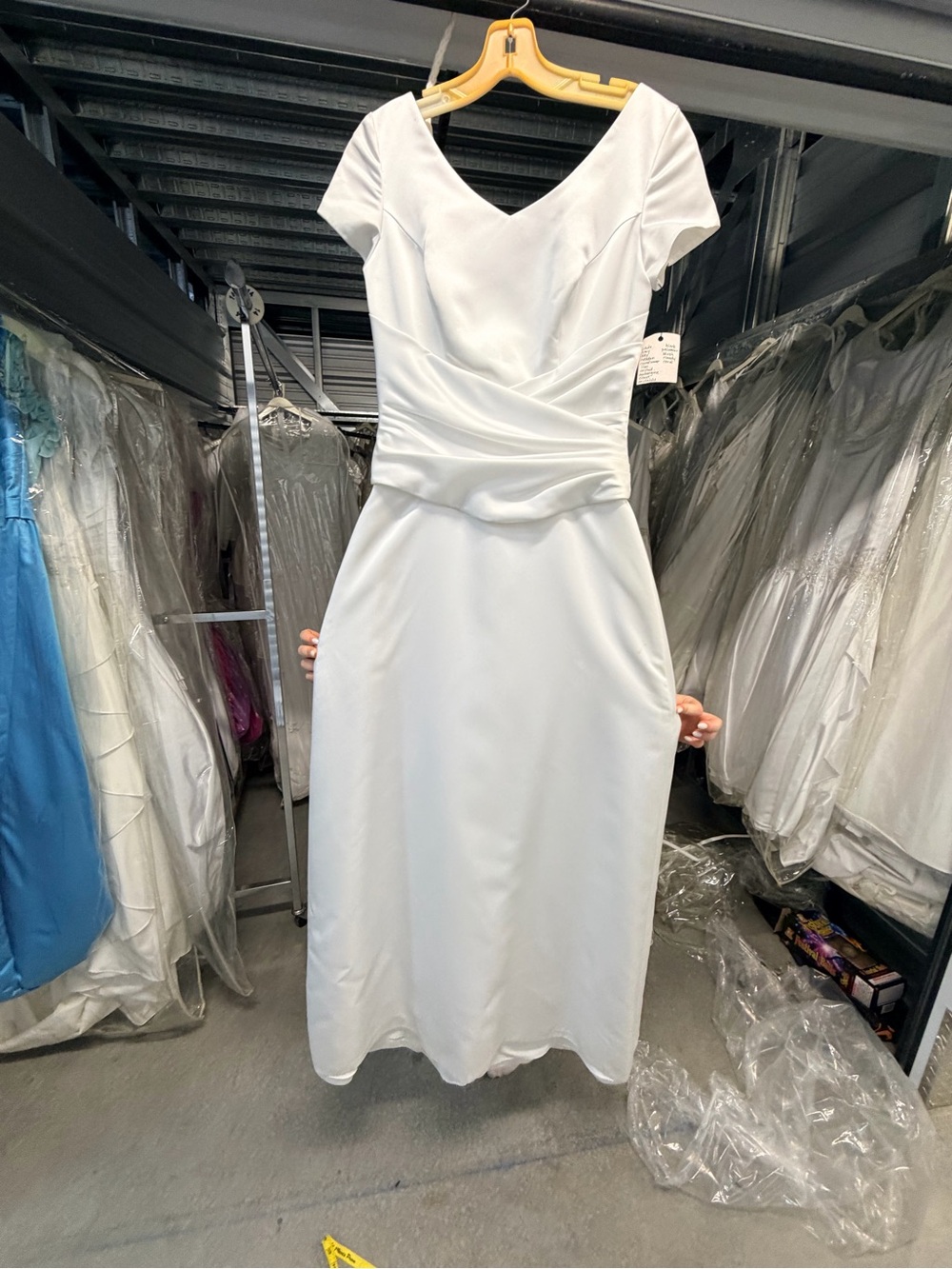 Satin White V-Neck Wedding Midi Dress with Draped Waist